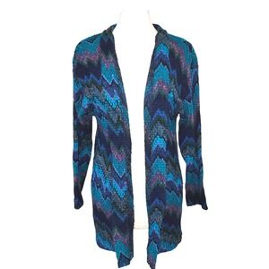 Mike & Me Vintage 80s Blue Teal Purple Chevron Knit Open Front Long Cardigan M